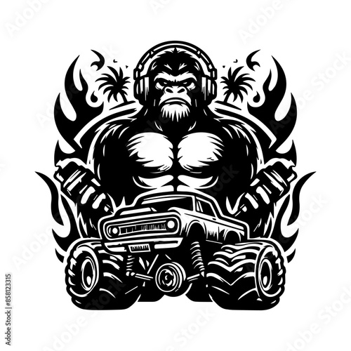 car monster and gorilla logo. angry gorilla logo design. design for T-shirt brand photo
