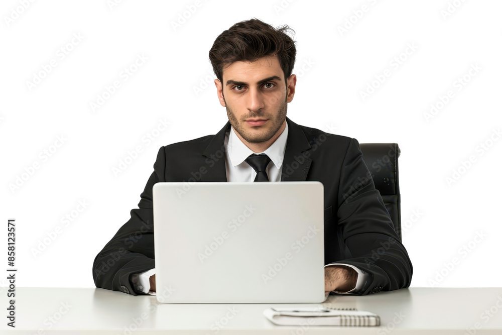 Business professional working on laptop at desk, dressed in formal attire, isolated on transparent background. Focused and serious expression. Business professional working on laptop at desk, dressed in formal attire, isolated on transparent background. Focused and serious expression.