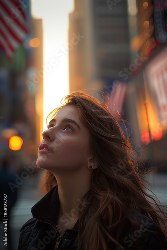 Woman gazing upwards with hope in city at dusk, light flares.