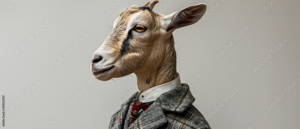 Naklejka premium A sophisticated goat wearing a tailored suit and tie, posed in profile against a clean white backdrop, showcasing its unique elegance and charm.