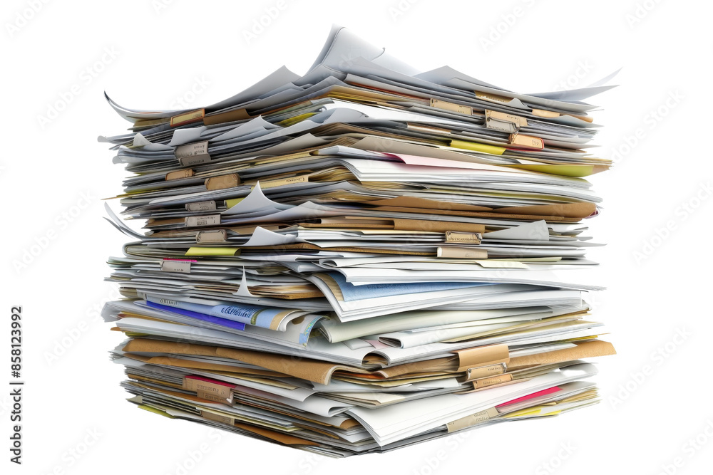 A large stack of documents and papers piled high, representing paperwork, bureaucracy, and office work. Isolated on a transparent background. A large stack of documents and papers piled high, representing paperwork, bureaucracy, and office work. Isolated on a transparent background.