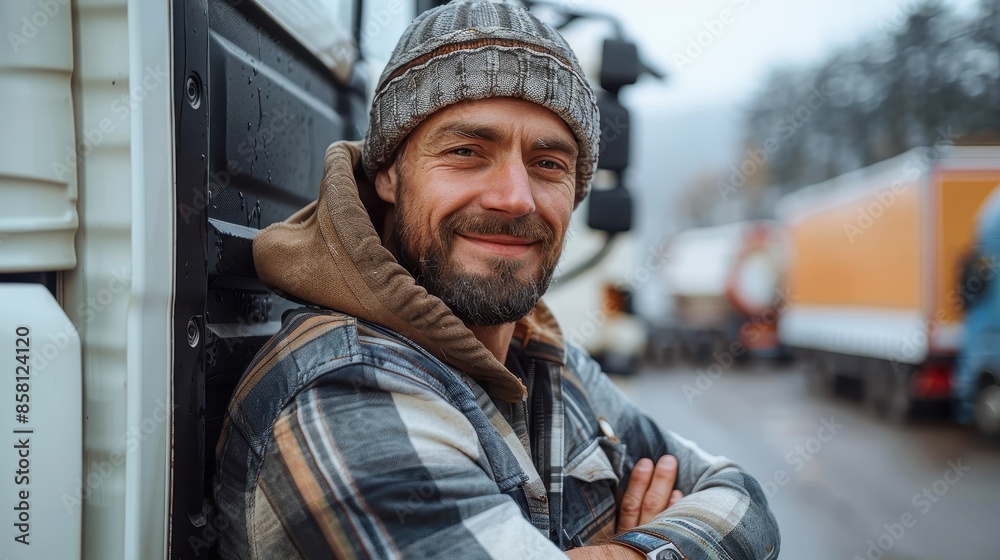 A happy truck driver in a plaid jacket and beanie leans on a white truck, smiling warmly and standing confidently amid a busy transport area with various other trucks visible. A happy truck driver in a plaid jacket and beanie leans on a white truck, smiling warmly and standing confidently amid a busy transport area with various other trucks visible.