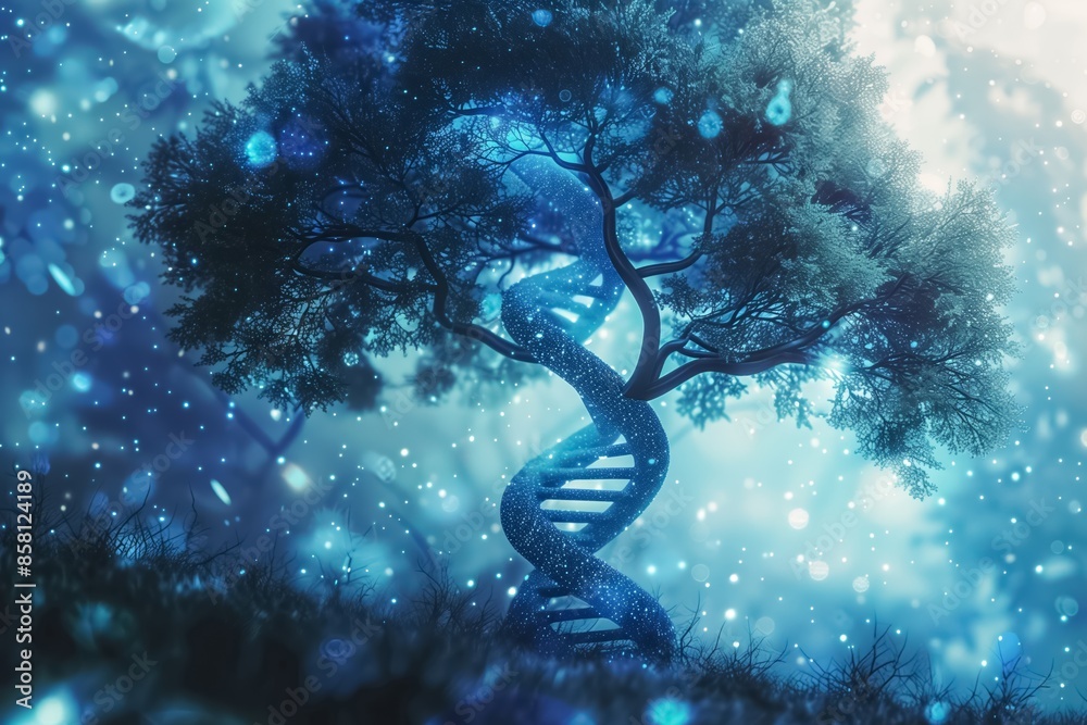 DNA intertwined with a tree symbolizes genetics and evolution, surrounded by glowing particles, merging themes of biochemistry, biology, biotech, and nature DNA intertwined with a tree symbolizes genetics and evolution, surrounded by glowing particles, merging themes of biochemistry, biology, biotech, and nature