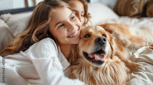Wallpaper Mural A happy girl embraces her joyful dog while laying on a bed, capturing a moment of pure delight and mutual affection between the child and her beloved pet companion. Torontodigital.ca