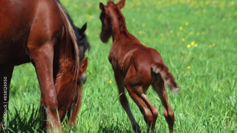 A cute foal peacefully grazing in a vibrant, lush green field, enjoying the serene rural scenery A cute foal peacefully grazing in a vibrant, lush green field, enjoying the serene rural scenery