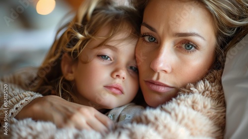 A mother and her young daughter snuggle closely in bed, capturing an intimate and peaceful moment of familial love and comfort under the warmth of a cozy blanket. photo