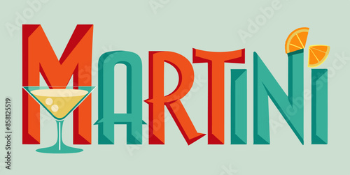 Illustration with martini glass, orange slice designart keywords. The image features a martini glass with an orange slice, showcasing elements like line, font, rectangle, magenta, art, electric blue, 