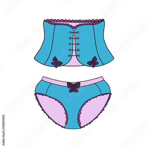 Set of lingerie, corset and panties. Fashionable women's underwear. Blue corset and panties.