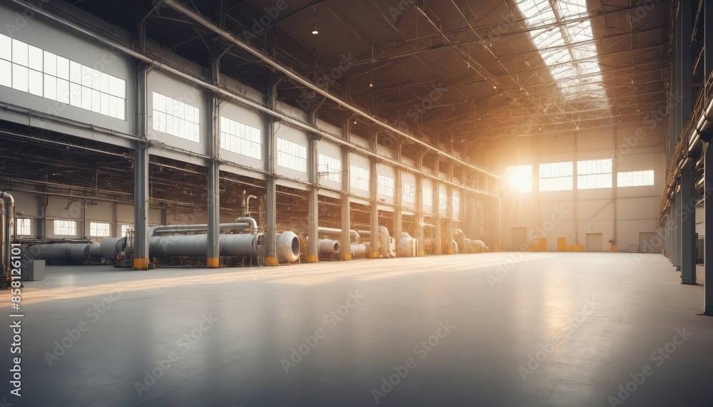 A wide shot of an empty factory hall with industrial air flow pipes and modern equipment
A wide shot of an empty factory hall with industrial air flow pipes and modern equipment