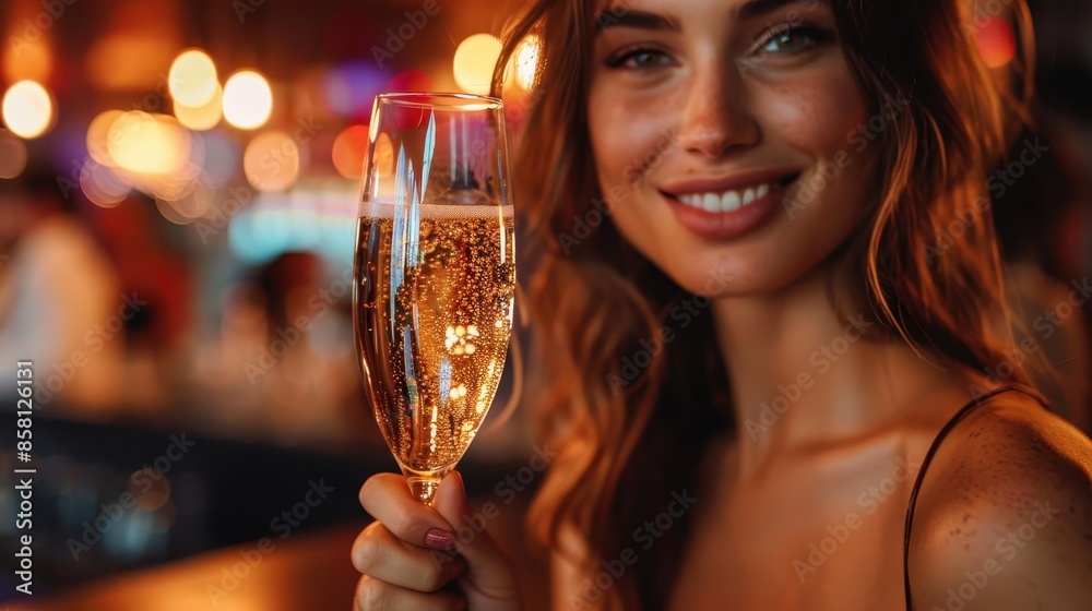 A woman wearing a black dress holds a glass of champagne, toasting in a beautifully lit bar scene, symbolizing celebration, sophistication, and joy. A woman wearing a black dress holds a glass of champagne, toasting in a beautifully lit bar scene, symbolizing celebration, sophistication, and joy.