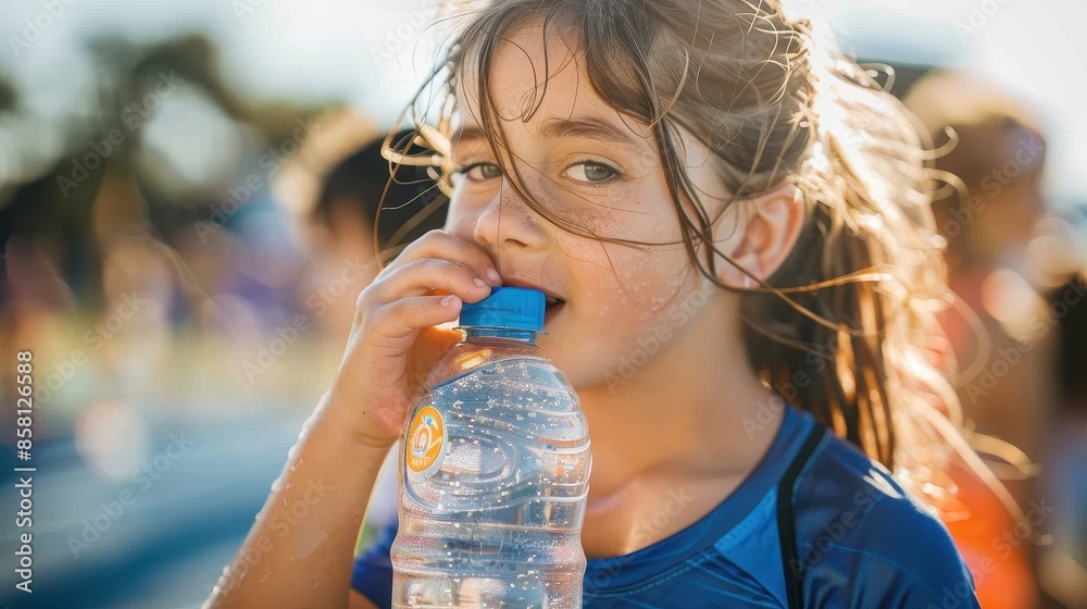 Athletic girl wearing a blue sports shirt, drinking water under bright sunlight, showing hydration and energy during a sports activity or outdoor exercise session. Athletic girl wearing a blue sports shirt, drinking water under bright sunlight, showing hydration and energy during a sports activity or outdoor exercise session.