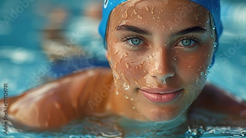 A close-up of a female swimmer wearing a blue swim cap, her face adorned with water droplets. She is in a swimming pool, preparing for a swim with a confident look.