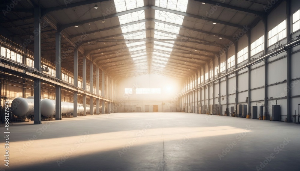 A wide shot of an empty factory hall with industrial air flow pipes and modern equipment
A wide shot of an empty factory hall with industrial air flow pipes and modern equipment