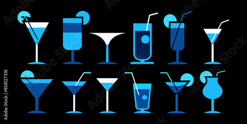 A variety of blue cocktails arranged on a dark surface in the image. A display of various electric blue cocktails resting on a sleek black background