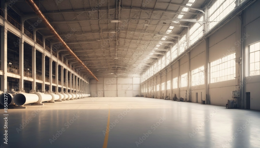 A wide shot of an empty factory hall with industrial air flow pipes and modern equipment
A wide shot of an empty factory hall with industrial air flow pipes and modern equipment