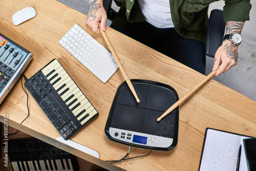 A young Asian man plays a drum pad and keyboard in his studio. photo