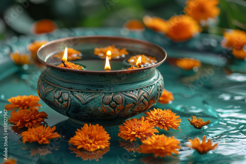 Traditional Diwali background with an urli bowl and flowers, with space for text, realistic,