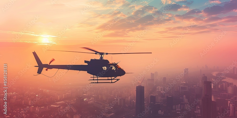 Helicopter Over Cityscape at Sunset Helicopter Over Cityscape at Sunset