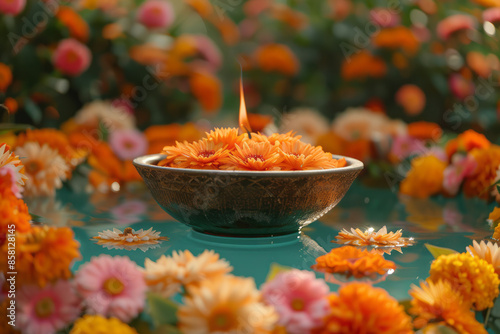 Urli bowl surrounded by flowers on a traditional Diwali background, with space for text, realistic,