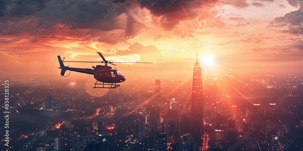 Fototapeta premium Helicopter Over Cityscape at Sunset