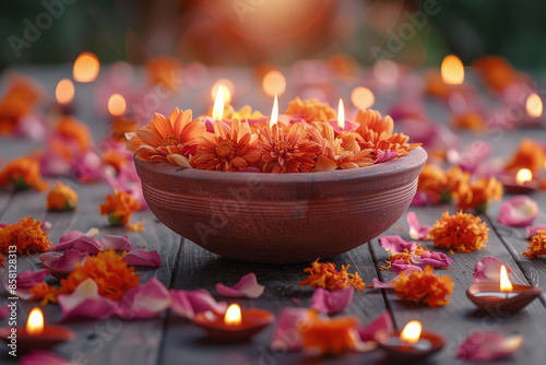 Realistic Diwali background with a flower-filled urli bowl and a blank area for text,