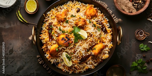 Overhead view of Hyderabadi biryani showcasing Mughlai cuisine from Hyderabad. Concept Hyderabadi Biryani, Mughlai Cuisine, Hyderabad Food, Traditional Spices, Overhead Photography photo