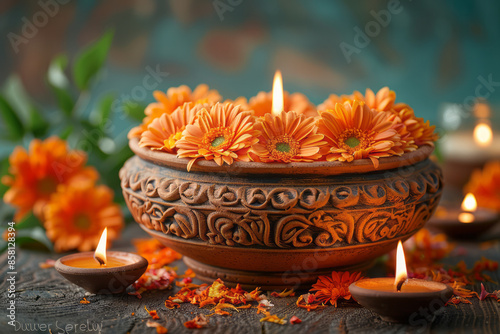 Urli bowl and flowers on a traditional Diwali background, realistic and with space for text,