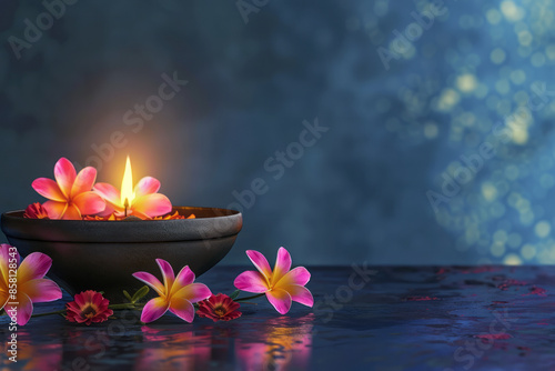 Realistic Diwali scene with an urli bowl and flowers, perfect for text placement,