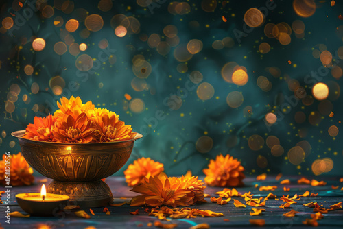 Realistic Diwali scene with an urli bowl and flowers, perfect for text placement,