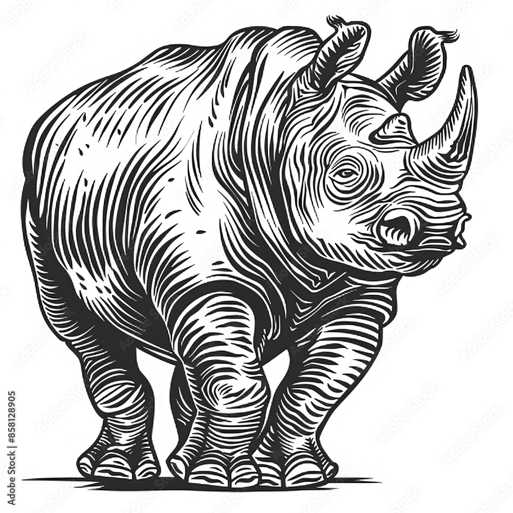 Fototapeta premium rhino illustration, drawing, engraving, ink, line art, vector, tattoo