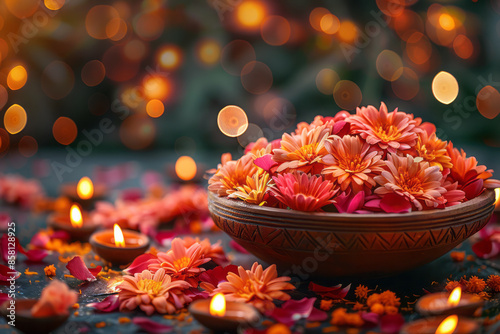 Realistic Diwali background with an urli bowl filled with flowers, with an area for text,