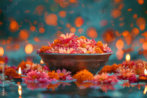 Realistic Diwali background with an urli bowl filled with flowers, with an area for text,