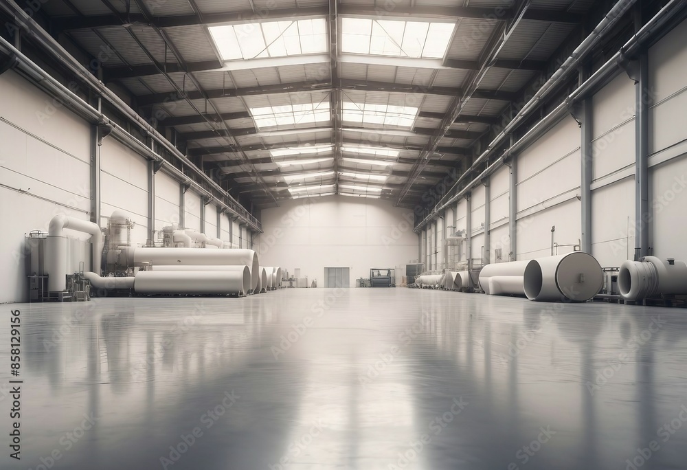 A wide shot of an empty factory hall with industrial air flow pipes and modern equipment
A wide shot of an empty factory hall with industrial air flow pipes and modern equipment