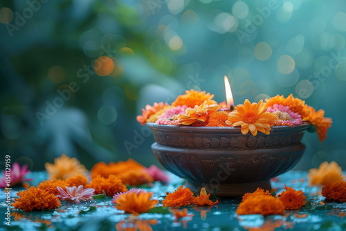 Realistic Diwali scene with an urli bowl and flowers, with space for text,