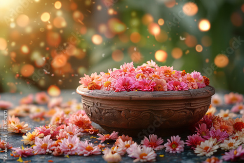 Traditional Diwali background with a flower-filled urli bowl, realistic and with space for text,