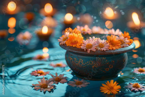 Urli bowl with flowers on a traditional Diwali background, realistic and with space for text,