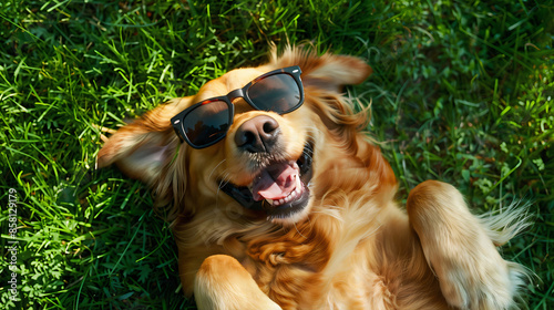 happy golden retriever dog lying on its back on a grassy surface, wearing a pair of sunglasses adorable