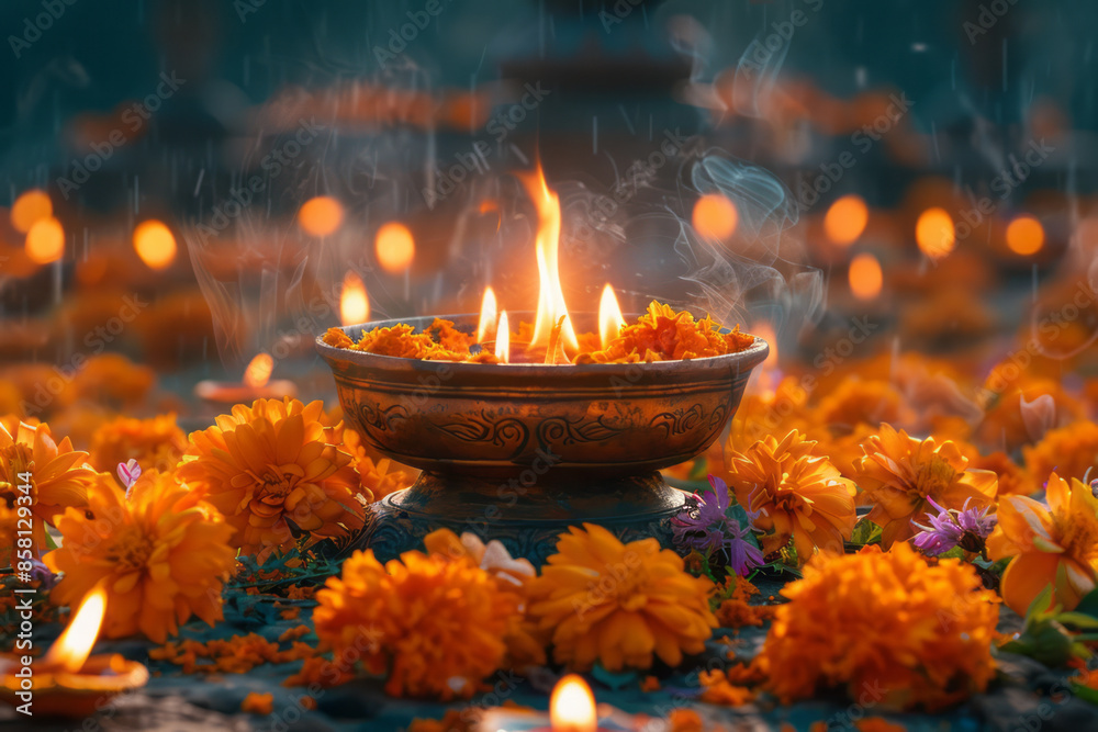 Realistic depiction of a Diwali scene with an urli bowl and flowers, perfect for text placement, Realistic depiction of a Diwali scene with an urli bowl and flowers, perfect for text placement,