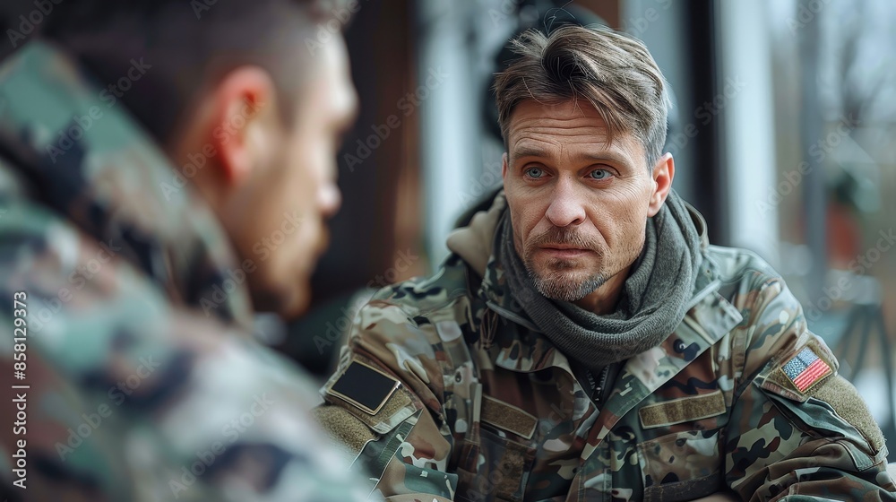 Fototapeta premium A soldier with a focused expression listens attentively during a serious, focused discussion with another servicemember in a military setting, uniform camouflaged.