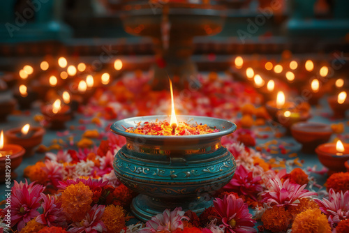 Realistic depiction of a Diwali scene with an urli bowl and flowers, perfect for text placement,