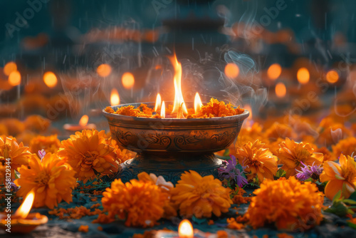 Realistic depiction of a Diwali scene with an urli bowl and flowers, perfect for text placement,