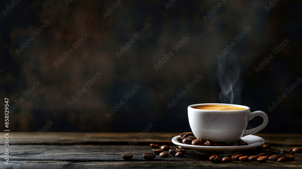 espresso Coffee Cup with steam and Beans On Vintage Table, light window, with copy space area espresso Coffee Cup with steam and Beans On Vintage Table, light window, with copy space area