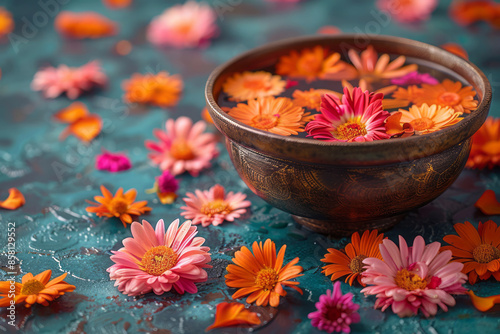 Urli bowl surrounded by flowers on a traditional Diwali background, realistic and with space for text,