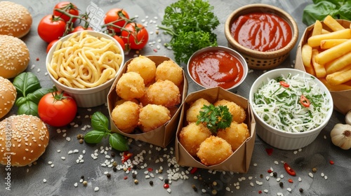 Wallpaper Mural Variety of side dishes: French Fries, Fried Potatoes bites, Chicken Balls, dips, sauces, sweet and sour ranch. On slate surface. Torontodigital.ca