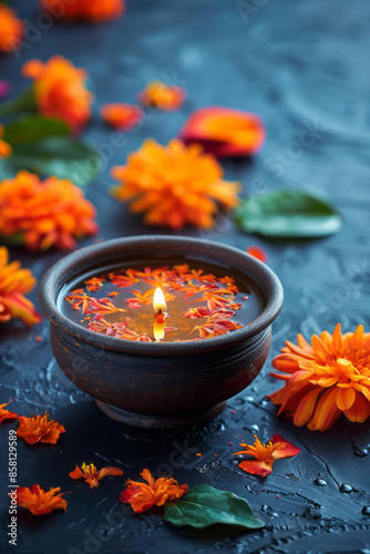 Realistic Diwali background with an urli bowl and flowers, with an area for text,