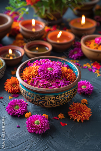 Realistic Diwali background with an urli bowl and flowers, with an area for text,