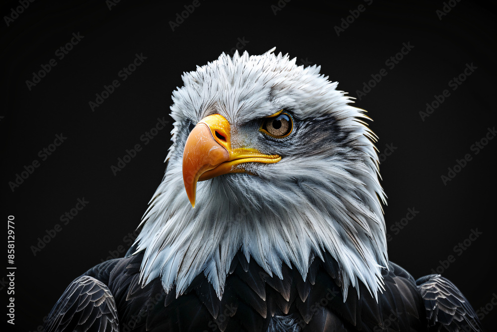A close-up portrait of an eagle head against a black background, showcasing the majestic and powerful nature of this bird of prey. Suitable for wildlife photography, animal symbolism,... A close-up portrait of an eagle head against a black background, showcasing the majestic and powerful nature of this bird of prey. Suitable for wildlife photography, animal symbolism,...