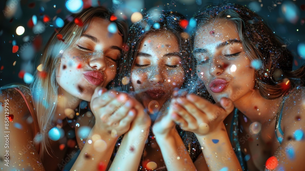 A lively image capturing a group of friends blowing confetti during a celebration, evoking joy, happiness, and the festive spirit, with bokeh effect enhancing the mood. A lively image capturing a group of friends blowing confetti during a celebration, evoking joy, happiness, and the festive spirit, with bokeh effect enhancing the mood.