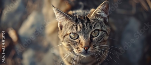 A gray kitten with bright blue eyes sits quietly, showing off its soft fur and playful whiskers in a peaceful setting.