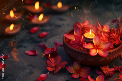 Traditional Diwali scene featuring an urli bowl with flowers, realistic and with space for text,